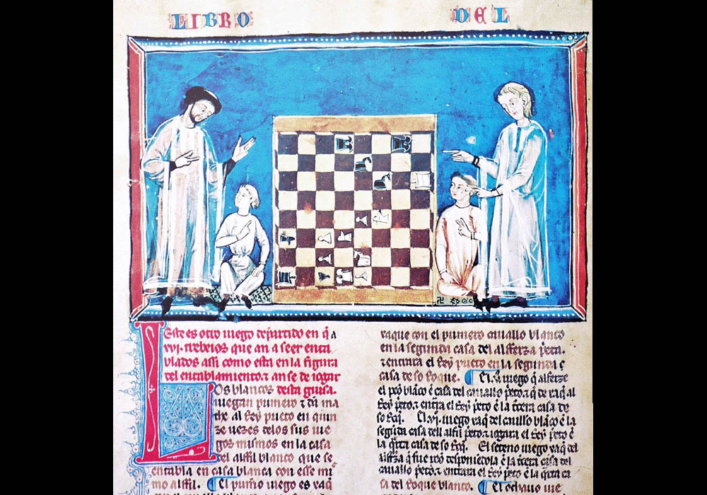 Libro Ajedrez Dados Tablas-Alfonso X sabio-manuscrito iluminado códice-facsímil-Vicent García Editores-7 jugada fol 33v.